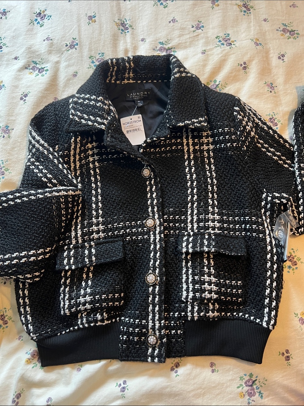 Laundry By Shelli Segal Black and White Plaid Knit Blazer Jacket